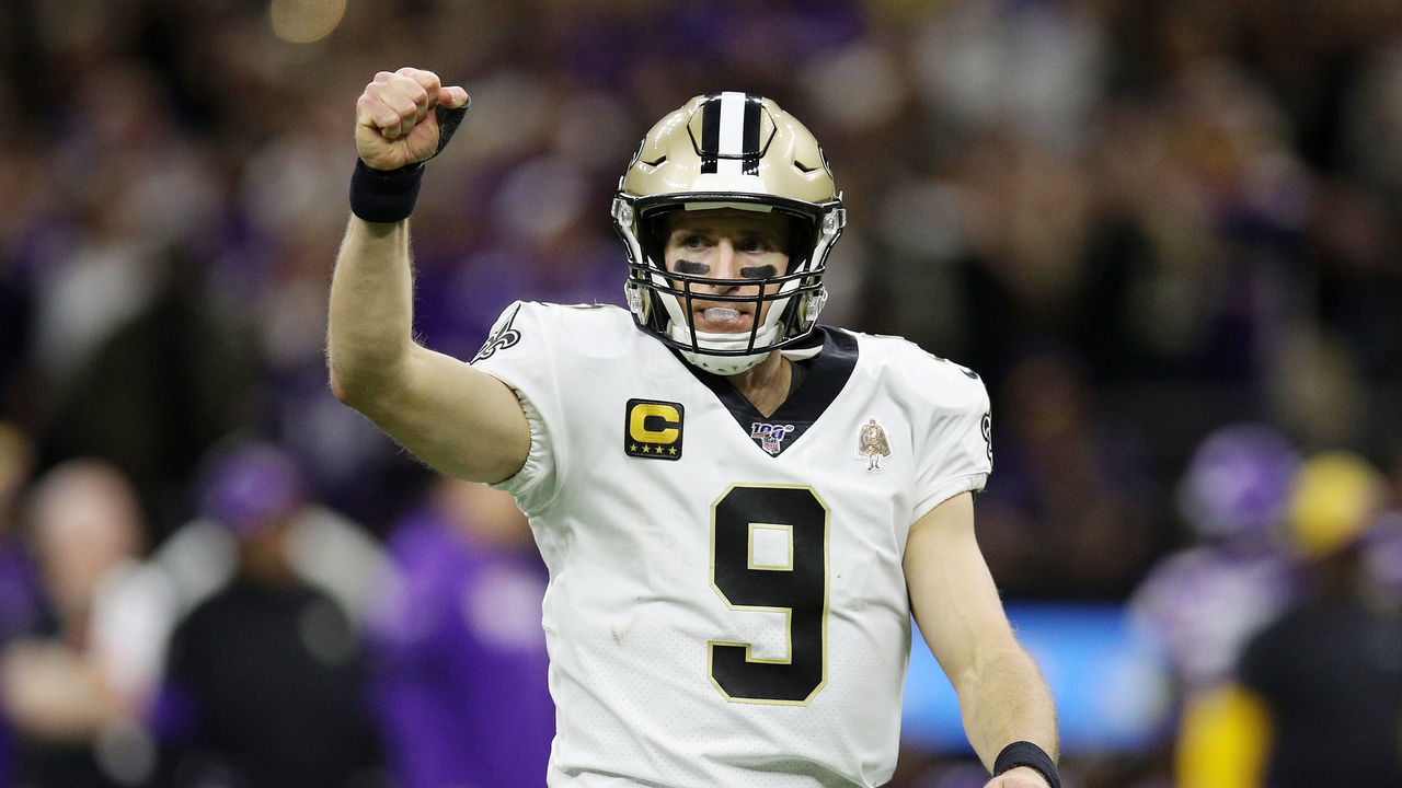 NEW ORLEANS, LOUISIANA - JANUARY 05: Drew Brees #9 of the New Orleans Saints celebrates after throwing a touchdown pass to Taysom Hill #7 (not pictured) during the fourth quarter against the Minnesota Vikings in the NFC Wild Card Playoff game at Mercedes Benz Superdome on January 05, 2020 in New Orleans, Louisiana.