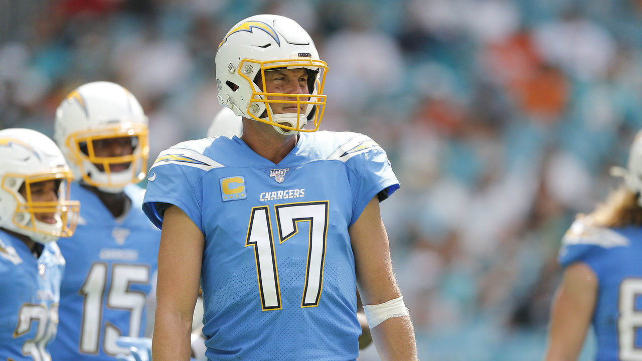MIAMI, FLORIDA - SEPTEMBER 29: Philip Rivers #17 of the Los Angeles Chargers reacts against the Miami Dolphins during the third quarter at Hard Rock Stadium on September 29, 2019 in Miami, Florida.