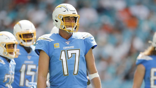 MIAMI, FLORIDA - SEPTEMBER 29: Philip Rivers #17 of the Los Angeles Chargers reacts against the Miami Dolphins during the third quarter at Hard Rock Stadium on September 29, 2019 in Miami, Florida.