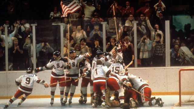 LAKE PLACID, NY - FEBRUARY 22: Team USA celebrates after defeating the Soviet Union to advance to the Gold Medal game during the 1980 Olympic Games on February 22, 1980 at the Olympic Center in Lake Placid, New York.