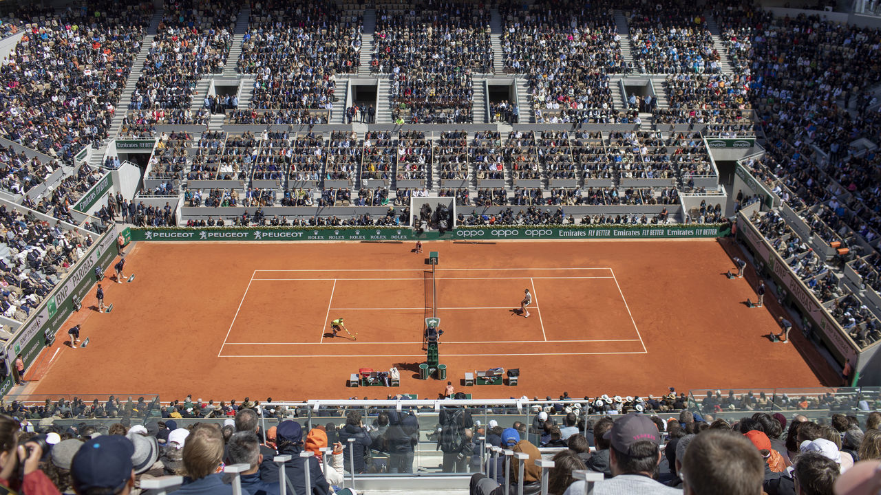 PARIS, FRANCE June 07. A general view of Rafael Nadal of Spain in action against Roger Federer of Switzerland on Court Philippe-Chatrier during the Men's Singles Semifinals match at the 2019 French Open Tennis Tournament at Roland Garros on June 7th 2019 in Paris, France.