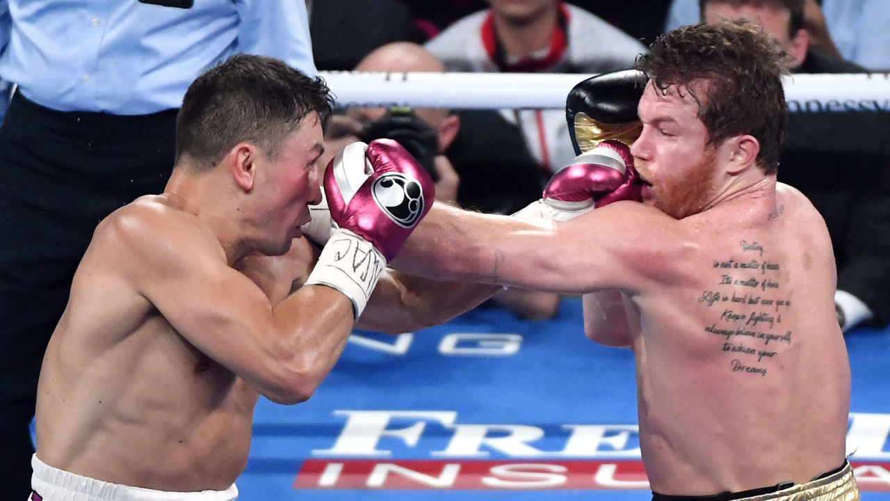 LAS VEGAS, NV - SEPTEMBER 15: Gennady Golovkin (L) and Canelo Alvarez battle in the second round of their WBC/WBA middleweight title fight at T-Mobile Arena on September 15, 2018 in Las Vegas, Nevada. Alvarez won by majority decision.