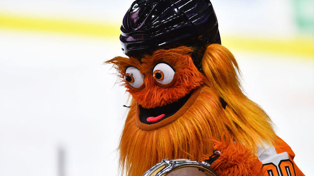 PHILADELPHIA, PA - FEBRUARY 06: Flyers mascot Gritty entertains fans during the game between the New Jersey Devils and Philadelphia Flyers on February 06, 2020 at Wells Fargo Center in Philadelphia, PA.