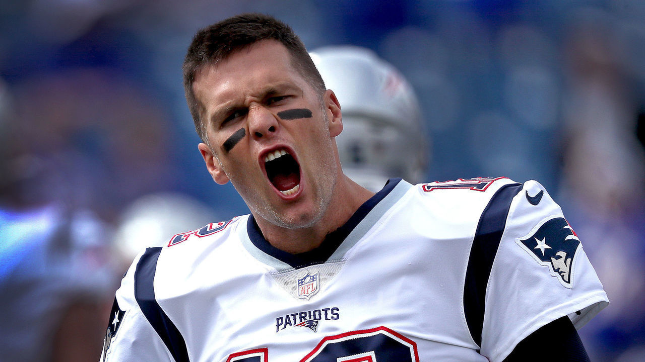 ORCHARD PARK, NY - SEPTEMBER 29: New England Patriots quarterback Tom Brady (12) yells "Let's Go!" during pre-game warm ups on the field. The Buffalo Bills host The New England Patriots at New Era Field in Orchard Park, NY on Sept. 29, 2019.
