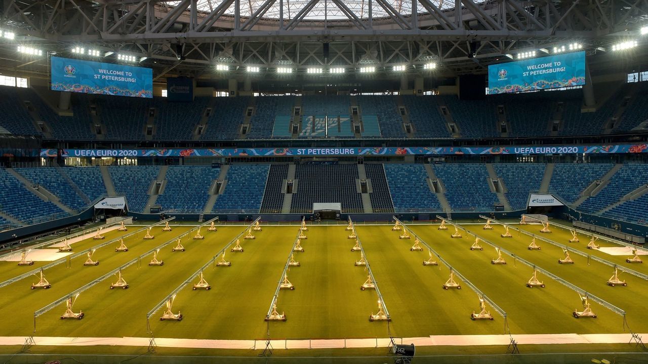 TOPSHOT - A view of the pitch and stands of the Saint Petersburg Stadium on February 4, 2020. - Russia's Saint Petersburg is one of 12 locations across Europe scheduled to host matches of the Euro 2020 football tournament.