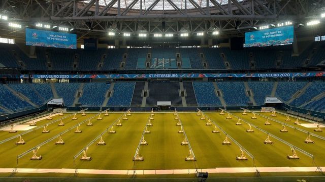 TOPSHOT - A view of the pitch and stands of the Saint Petersburg Stadium on February 4, 2020. - Russia's Saint Petersburg is one of 12 locations across Europe scheduled to host matches of the Euro 2020 football tournament.