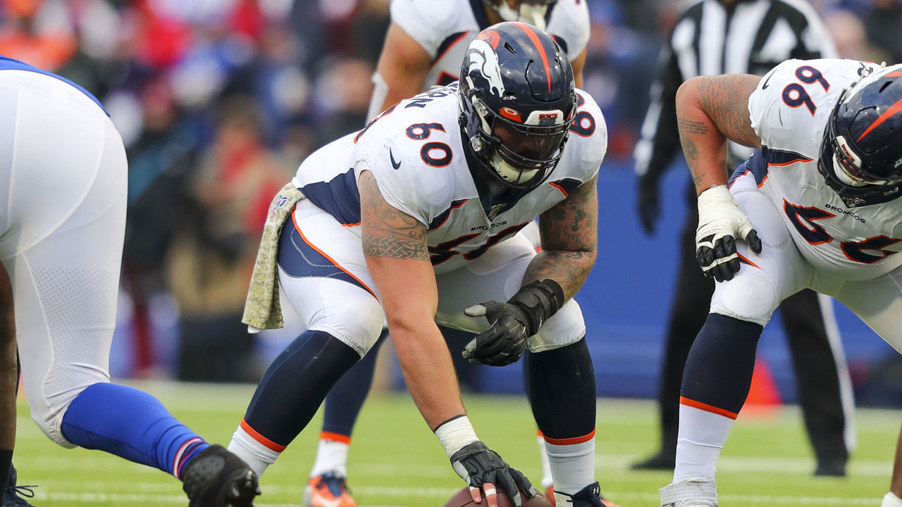 ORCHARD PARK, NY - NOVEMBER 24: Connor McGovern #60 of the Denver Broncos waits to snap the ball during the second half against the Buffalo Bills at New Era Field on November 24, 2019 in Orchard Park, New York. Buffalo beats Denver 20 to 3.