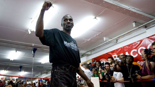 Roger Mayweather, uncle and trainer of Floyd Mayweather Jnr during the media work out at the Peacock Gym, London.