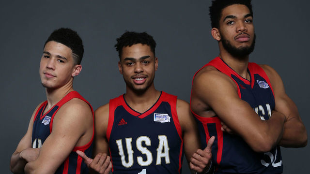 NEW ORLEANS, LA - FEBRUARY 17: (L-R) Devin Booker #1, D'Angelo Russell #1 and Karl-Anthony Towns #32 of the U.S. Team pose for a portrait prior to the BBVA Compass Rising Stars Challenge on February 17, 2017 at Smoothie King Center in New Orleans, Louisiana. Mandatory Copyright Notice: Copyright 2017 NBAE