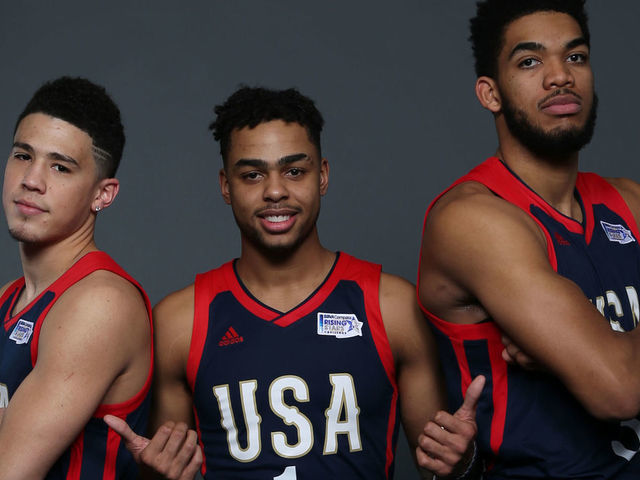 NEW ORLEANS, LA - FEBRUARY 17: (L-R) Devin Booker #1, D'Angelo Russell #1 and Karl-Anthony Towns #32 of the U.S. Team pose for a portrait prior to the BBVA Compass Rising Stars Challenge on February 17, 2017 at Smoothie King Center in New Orleans, Louisiana. Mandatory Copyright Notice: Copyright 2017 NBAE