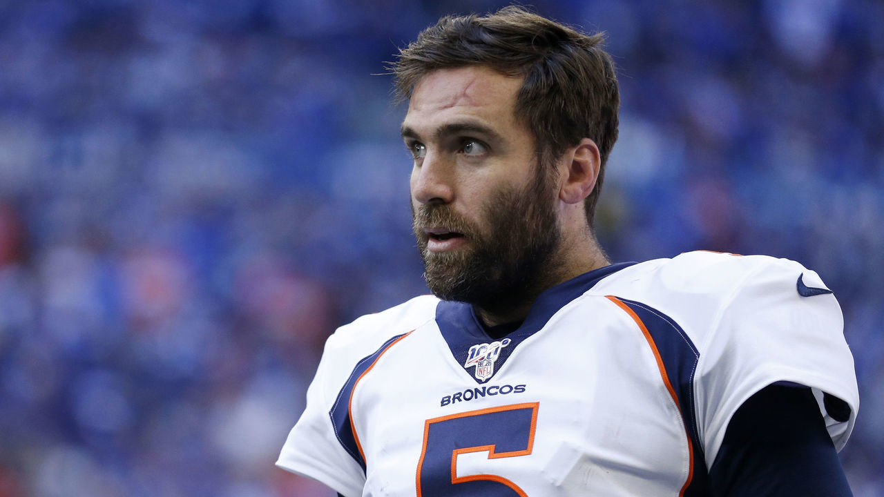 INDIANAPOLIS, INDIANA - OCTOBER 27: Joe Flacco #5 of the Denver Broncos on the sidelines in the game against the Indianapolis Colts at Lucas Oil Stadium on October 27, 2019 in Indianapolis, Indiana.