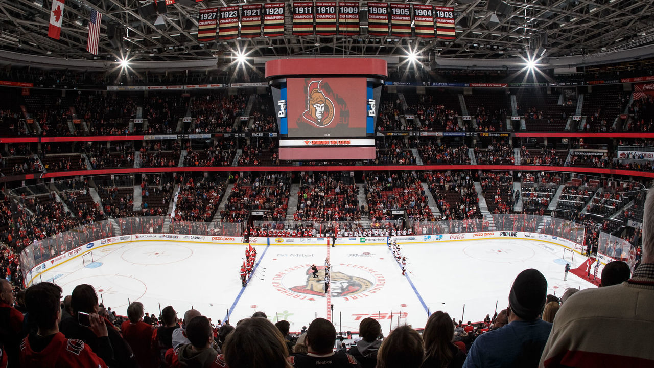 OTTAWA, ON - JANUARY 27: A wide elevated view of the arena during the singing of the national anthems prior to a game between the Ottawa Senators and the New Jersey Devils at Canadian Tire Centre on January 27, 2020 in Ottawa, Ontario, Canada.