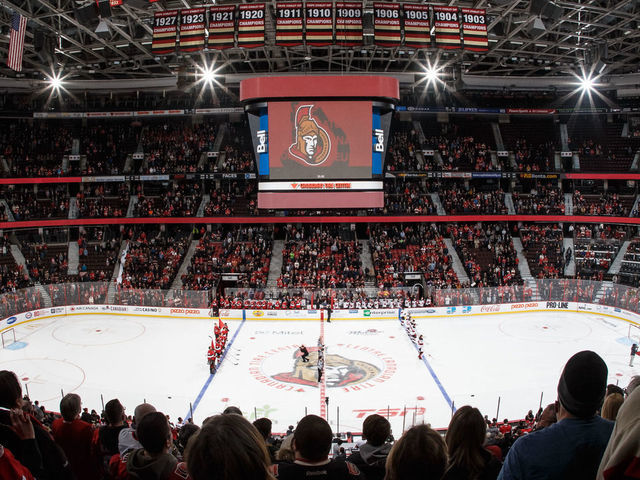 OTTAWA, ON - JANUARY 27: A wide elevated view of the arena during the singing of the national anthems prior to a game between the Ottawa Senators and the New Jersey Devils at Canadian Tire Centre on January 27, 2020 in Ottawa, Ontario, Canada.