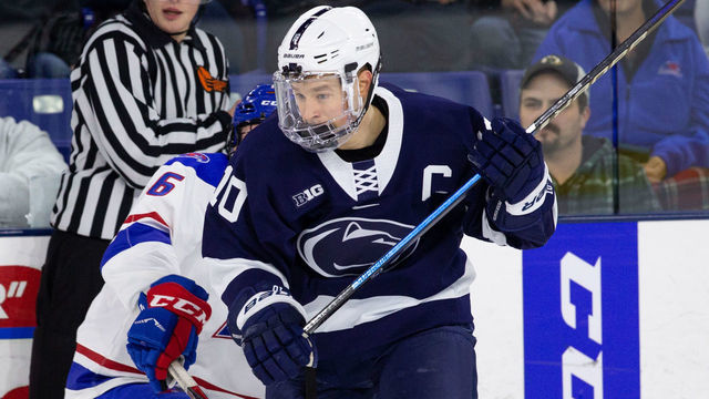 LOWELL, MA - NOVEMBER 30: Brandon Biro #10 of the Penn State Nittany Lions skates against the Massachusetts Lowell River Hawks during NCAA men's hockey at the Tsongas Center on November 30, 2019 in Lowell, Massachusetts. The River Hawks won 3-2 in overtime.