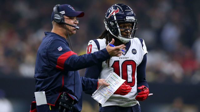 NEW ORLEANS, LOUISIANA - SEPTEMBER 09: Head coach Bill O'Brien of the Houston Texans and DeAndre Hopkins #10 talk during a game against the New Orleans Saints at the Mercedes Benz Superdome on September 09, 2019 in New Orleans, Louisiana.