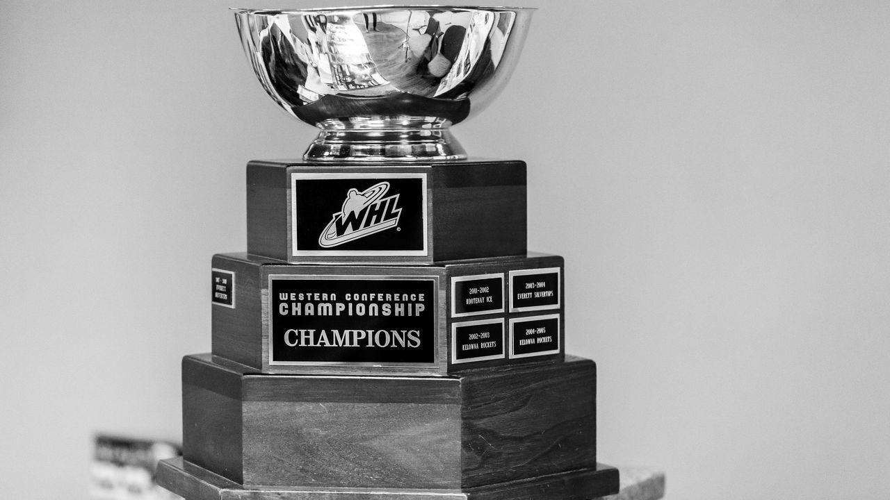EVERETT, WA - DECEMBER 15: Detail of the Western Hockey League Western Conference Champion trophy taken before a game between the Seattle Thunderbirds and the Everett Silvertips on Saturday, December 15, 2018 at Angel of the Winds Arena in Everett, WA.