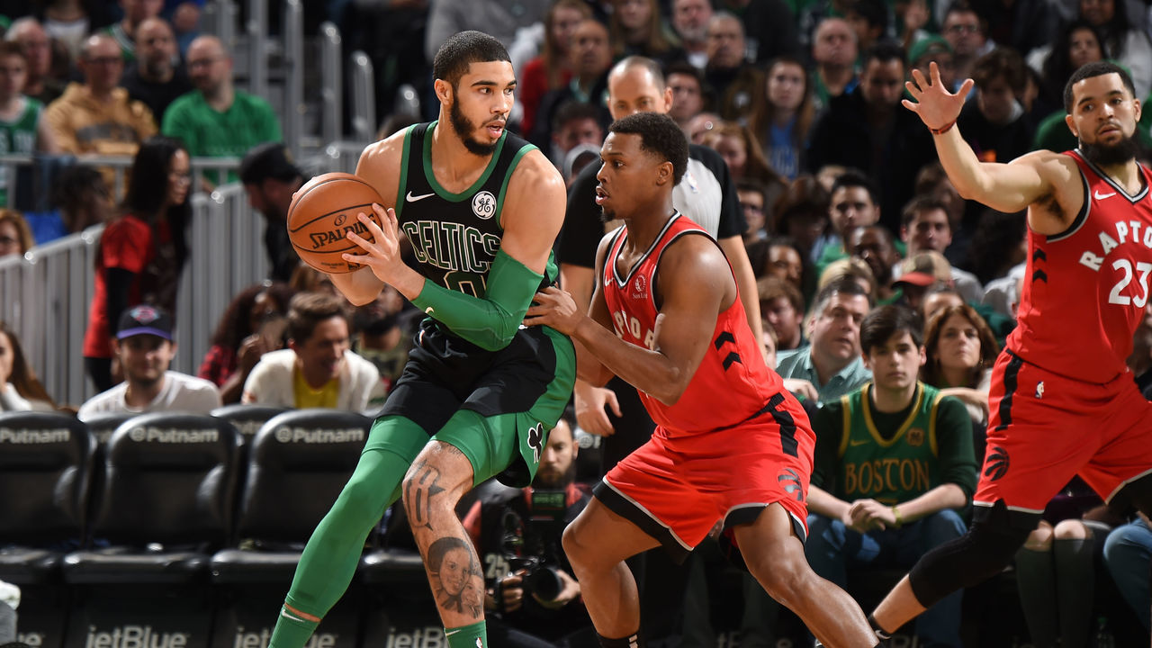 BOSTON, MA - DECEMBER 28: Jayson Tatum #0 of the Boston Celtics handles the ball against the Toronto Raptors on December 28, 2019 at the TD Garden in Boston, Massachusetts. Mandatory Copyright Notice: Copyright 2019 NBAE