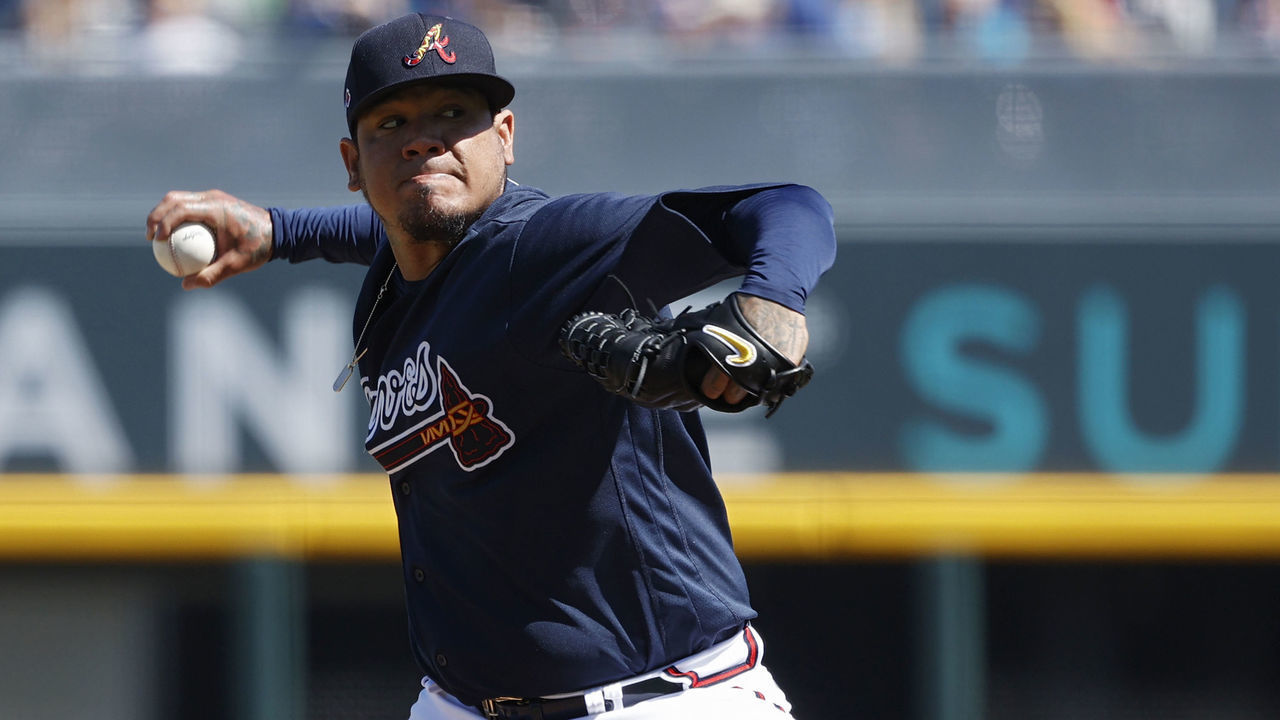 NORTH PORT, FL - FEBRUARY 22: Felix Hernandez #34 of the Atlanta Braves pitches in the second inning of a Grapefruit League spring training game against the Baltimore Orioles at CoolToday Park on February 22, 2020 in North Port, Florida.