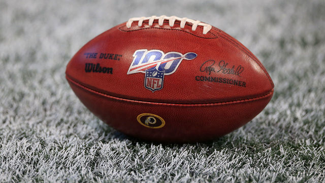 ATLANTA, GA - AUGUST 22: A game ball with the 100th Anniversary of the NFL prior to the preseason NFL game between the Atlanta Falcons and the Washington Redskins on August 20, 2019 at the Mercedes-Benz Stadium in Atlanta, GA.