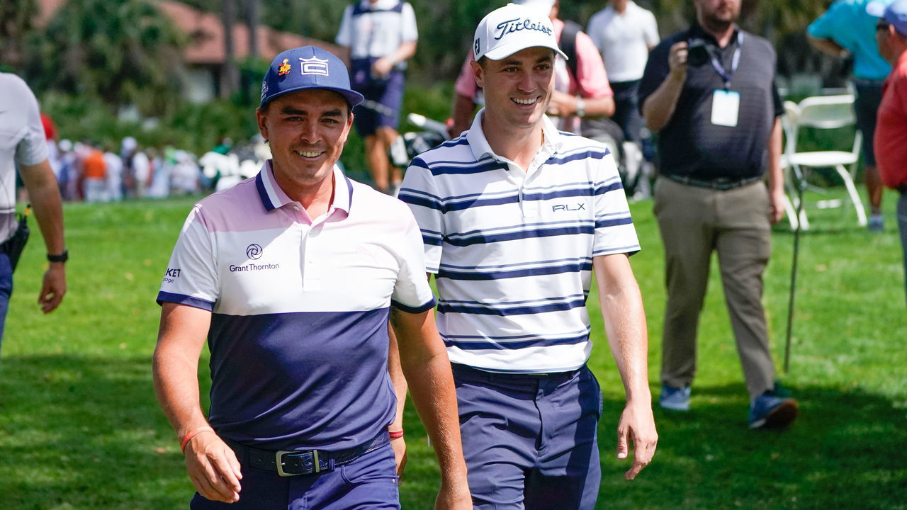 PALM BEACH GARDENS, FL - FEBRUARY 28: Rickie Fowler and Justin Thomas laugh together while walking off the second hole green during the first round of The Honda Classic at PGA National Champion course on February 28, 2019 in Palm Beach Gardens, Florida.