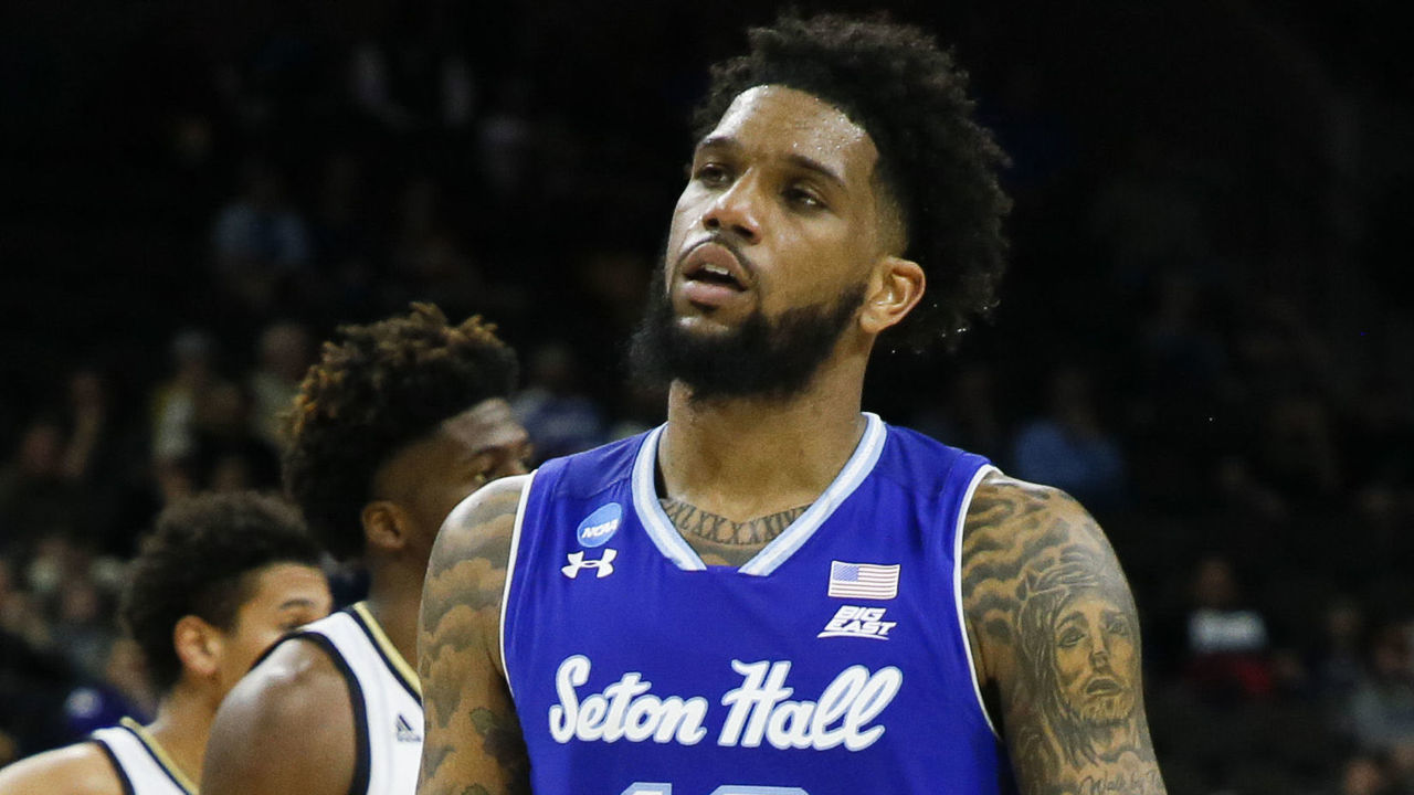 JACKSONVILLE, FL - MARCH 21: Seton Hall Pirates guard Myles Powell (13) reacts during a game against the Wofford Terriers in the first round of the 2019 NCAA Photos via Getty Images Men's Basketball Tournament held at VyStar Veterans Memorial Arena on March 21, 2019 in Jacksonville, Florida.