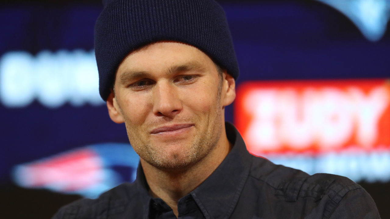 FOXBOROUGH, MASSACHUSETTS - JANUARY 04: Tom Brady #12 of the New England Patriots talks with the media during a press conference after the AFC Wild Card Playoff game against the Tennessee Titans at Gillette Stadium on January 04, 2020 in Foxborough, Massachusetts.