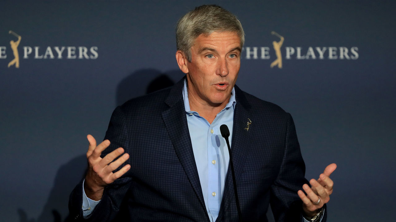 PONTE VEDRA BEACH, FLORIDA - MARCH 13: Jay Monahan, PGA Tour Commissioner, addresses the media regarding the cancellation of The PLAYERS Championship and consecutive events through April 5, 2020 due to the COVID-19 pandemic as seen at the TPC Stadium course on March 13, 2020 in Ponte Vedra Beach, Florida.