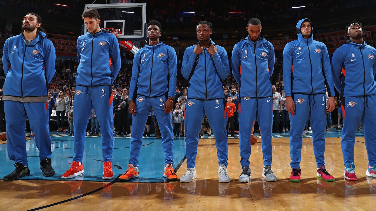 OKLAHOMA CITY, OK - FEBRUARY 21: The Oklahoma City Thunder look on before the game against the Utah Jazz on February 21, 2020 at Chesapeake Energy Arena in Oklahoma City, Oklahoma. Mandatory Copyright Notice: Copyright 2020 NBAE