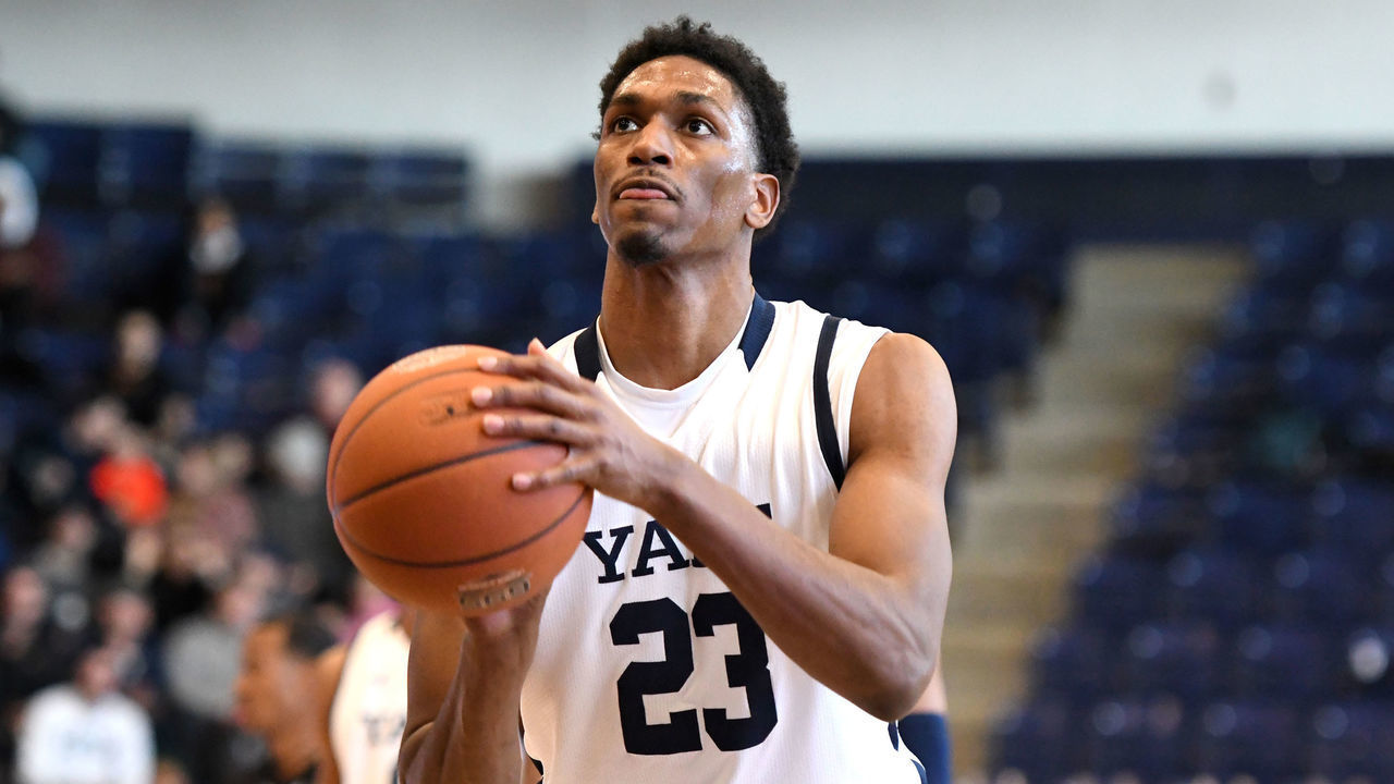 WASHINGTON, DC - JANUARY 20: Jordan Bruner #23 of the Yale Bulldogs takes a foul shot during a college basketball game against the against the Howard Bison at Burr Gymnasium on January 20, 2020 in Washington, DC.