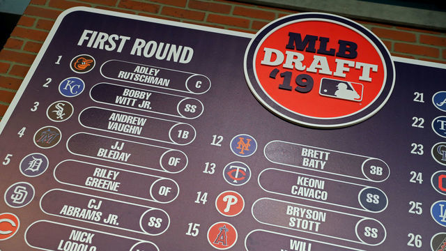 SECAUCUS, NJ - JUNE 03: A detail shot of the first round draft board during the 2019 Major League Baseball Draft at Studio 42 at the MLB Network on Monday, June 3, 2019 in Secaucus, New Jersey.