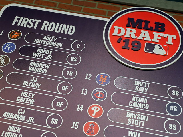 SECAUCUS, NJ - JUNE 03: A detail shot of the first round draft board during the 2019 Major League Baseball Draft at Studio 42 at the MLB Network on Monday, June 3, 2019 in Secaucus, New Jersey.