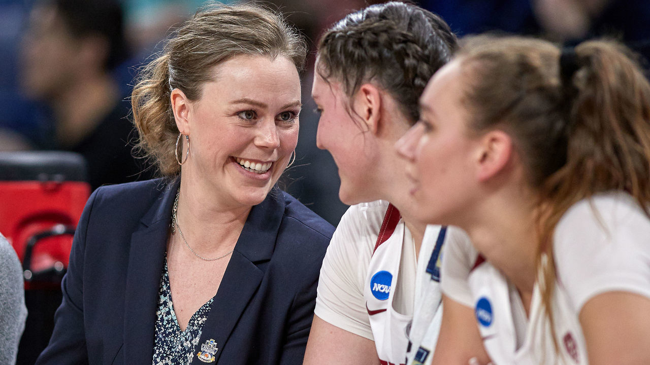 CHICAGO, IL - MARCH 30: Stanford Cardinal assistant coach Lindy La Rocque talks with Stanford Cardinal center Shannon Coffee (2) in game action during the Women's NCAA Division I Championship - Third Round game between the Missouri State Lady Bears and the Stanford Cardinal on March 30, 2019 at the Wintrust Arena in Chicago, IL.
