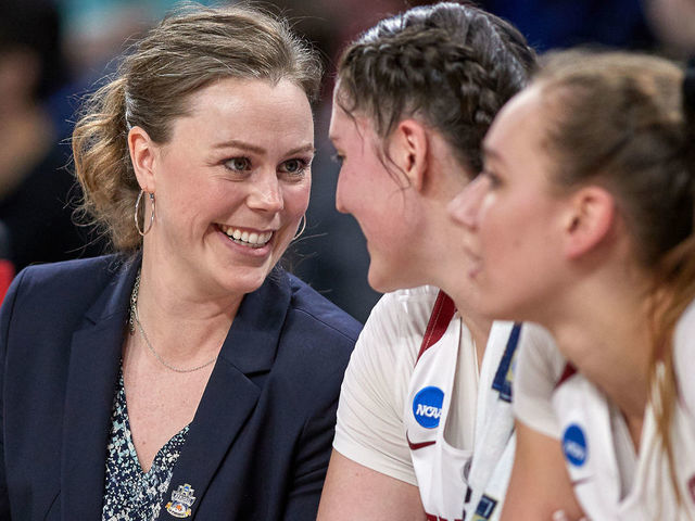 CHICAGO, IL - MARCH 30: Stanford Cardinal assistant coach Lindy La Rocque talks with Stanford Cardinal center Shannon Coffee (2) in game action during the Women's NCAA Division I Championship - Third Round game between the Missouri State Lady Bears and the Stanford Cardinal on March 30, 2019 at the Wintrust Arena in Chicago, IL.