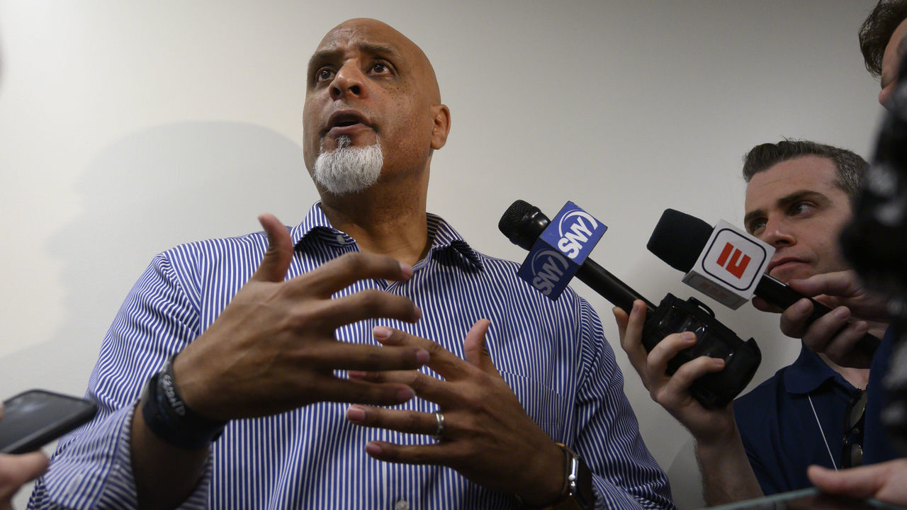 Port St. Lucie, Fl.: Tony Clark, executive director of the Major League Baseball Players Association answers questions about the Houston Astros' sign stealing scandal at Clover Park in Port St. Lucie, Florida on February 19, 2020. Clark met with New York Mets players before their spring training workout.