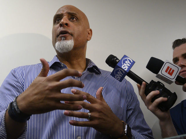 Port St Lucie Fl Tony Clark executive director of the Major League Baseball Players Association answers questions about the Houston Astros sign stealing scandal at Clover Park in Port St Lucie Florida on February 19 2020 Clark met with New York Mets players before their spring training workout