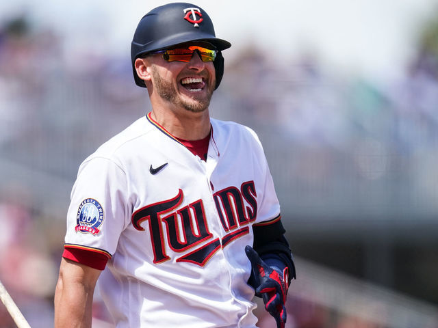 FORT MYERS, FL- MARCH 11: Josh Donaldson #24 of the Minnesota Twins looks on and smiles during a spring training game between the Atlanta Braves and Minnesota Twins on March 11, 2020 at Hammond Stadium in Fort Myers, Florida.