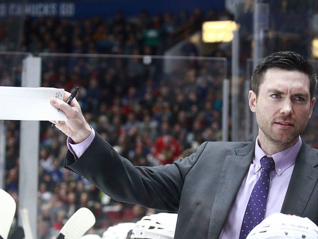 VANCOUVER, BC - JANUARY 2: Head coach Jeremy Colliton of the Chicago Blackhawks looks on from the bench during their NHL game against the Vancouver Canucks at Rogers Arena January 2, 2020 in Vancouver, British Columbia, Canada. "n