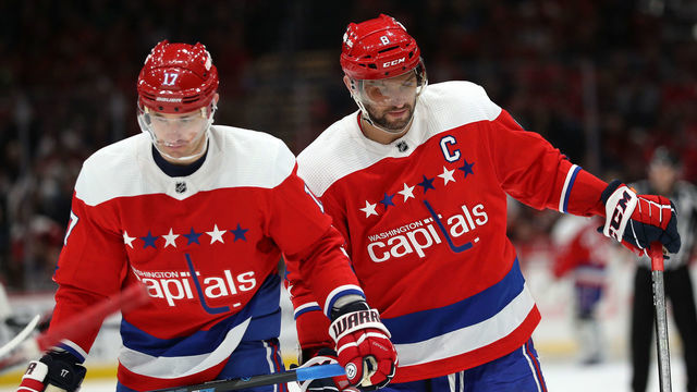 WASHINGTON, DC - MARCH 04: Ilya Kovalchuk #17 and Alex Ovechkin #8 of the Washington Capitals look on against the Philadelphia Flyers during the second period at Capital One Arena on March 4, 2020 in Washington, DC.