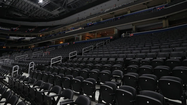 WASHINGTON, DC - MARCH 12: Spectator seating is empty prior to the Detroit Red Wings playing against the Washington Capitals at Capital One Arena on March 12, 2020 in Washington, DC. Yesterday, the NBA suspended their season until further notice after a Utah Jazz player tested positive for the coronavirus (COVID-19). The NHL said per a release, that the uncertainty regarding next steps regarding the coronavirus, Clubs were advised not to conduct morning skates, practices or team meetings today.