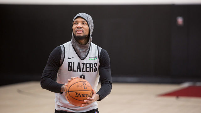 PORTLAND, OR - JANUARY 22: Damian Lillard #0 of the Portland Trail Blazers shoots a free throw during all access practice on January 22, 2020 at the Moda Center Arena in Portland, Oregon. Mandatory Copyright Notice: Copyright 2020 NBAE