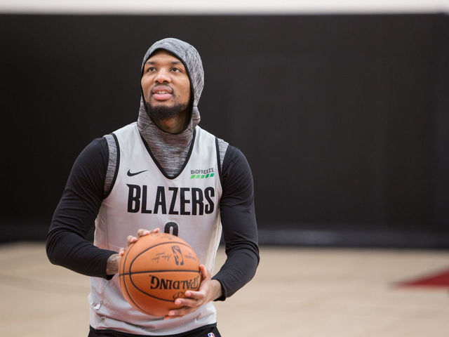 PORTLAND, OR - JANUARY 22: Damian Lillard #0 of the Portland Trail Blazers shoots a free throw during all access practice on January 22, 2020 at the Moda Center Arena in Portland, Oregon. Mandatory Copyright Notice: Copyright 2020 NBAE