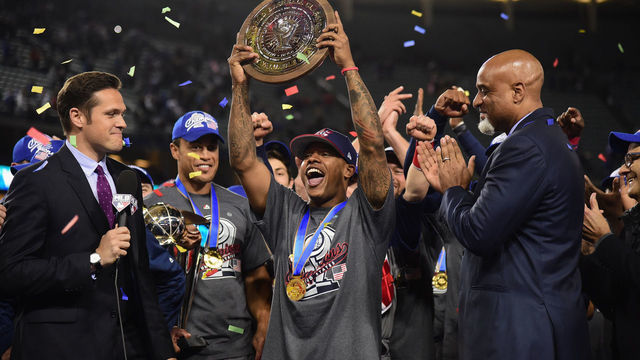 LOS ANGELES, CA - MARCH 22: Marcus Stroman #6 of team United States is awarded with the MVP trophy after their 8-0 win over team Puerto Rico during Game 3 of the Championship Round of the 2017 World Baseball Classic at Dodger Stadium on March 22, 2017 in Los Angeles, California.