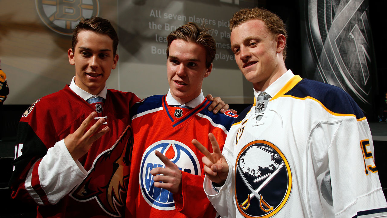 SUNRISE, FL - JUNE 26: First pick Connor McDavid (C) of the Edmonton Oilers, second pick Jack Eichel (R) of the Buffalo Sabres and third pick Dylan Strome (L) of the Arizona Coyotes poses during the first round of the 2015 NHL Draft at BB&T Center on June 26, 2015 in Sunrise, Florida.