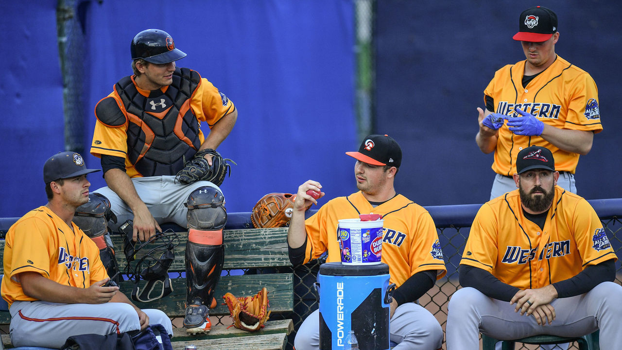 TRENTON, NJ - JULY 11: A detailed view of the bullpen for the Western Division All Stars during the 2018 Eastern League All Star Game at Arm & Hammer Park on July 11, 2018 in Trenton, New Jersey.