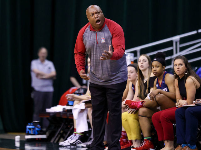 CLEVELAND, OH - FEBRUARY 23: Detroit Titans head coach Bernard Scott argues an officials call during the third quarter of the women's college basketball game between the Detroit Titans and Cleveland State Vikings on February 23, 2020, at the Wolstein Center in Cleveland, OH.