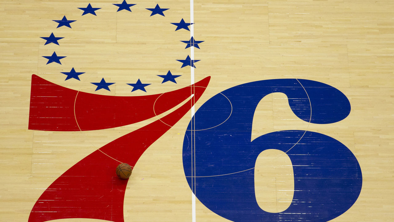 PHILADELPHIA, PA - OCTOBER 23: A general view of the Philadelphia 76ers center court logo against the Boston Celtics at the Wells Fargo Center on October 23, 2019 in Philadelphia, Pennsylvania.