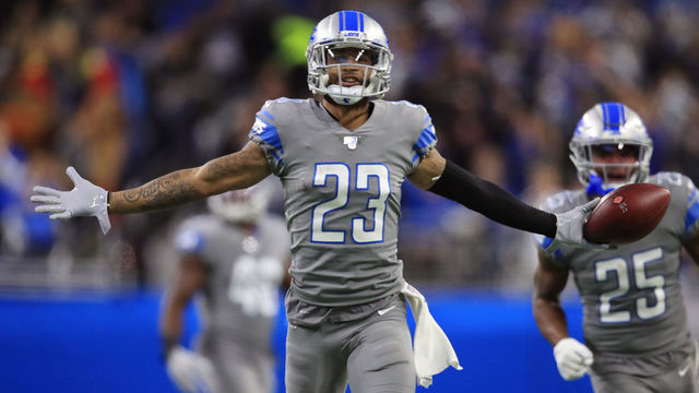 DETROIT, MICHIGAN - NOVEMBER 28: Darius Slay #23 of the Detroit Lions celebrates his second half interception against the Chicago Bears at Ford Field on November 28, 2019 in Detroit, Michigan. Chicago won the game 24-20.