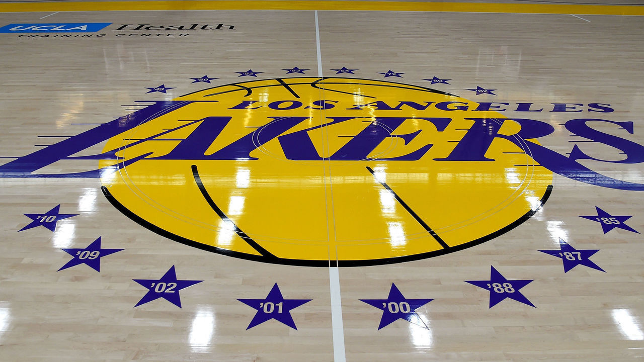 LOS ANGELES, CA - MAY 29: View of the Los Angeles Lakers logo on the floor of the UCLA Health Training Center, their training faculity, on May 29, 2018 in Los Angeles, California.