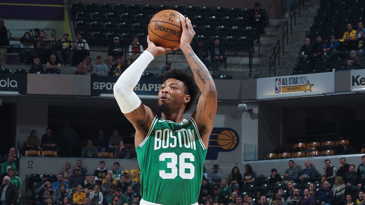 INDIANAPOLIS, IN - MARCH 10: Marcus Smart #36 of the Boston Celtics shoots the ball against the Indiana Pacers on March 10, 2020 at Bankers Life Fieldhouse in Indianapolis, Indiana. Mandatory Copyright Notice: Copyright 2020 NBAE