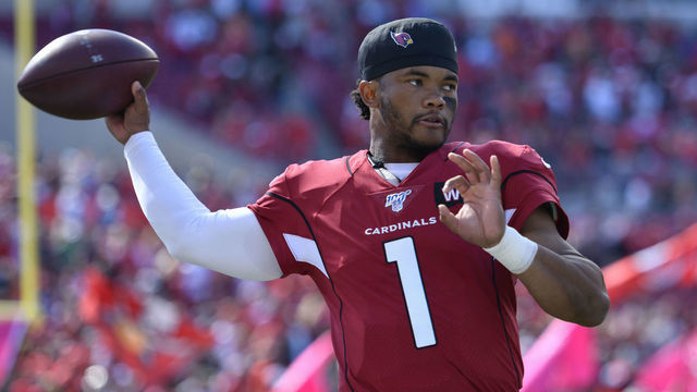 TAMPA, FL - NOVEMBER 10: Arizona Cardinals Quarterback Kyler Murray (1) warms up during the first half of an NFL game between the Arizona Cardinals and the Tampa Bay Bucs on November 10, 2019, at Raymond James Stadium in Tampa, FL.
